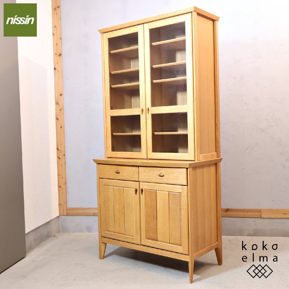 日進木工 nissin WHITE WOOD オーク材 食器棚 カップボード 飾り棚 キャビネット キッチンボード レトロ 北欧スタイル カフェ風 FC214拍卖