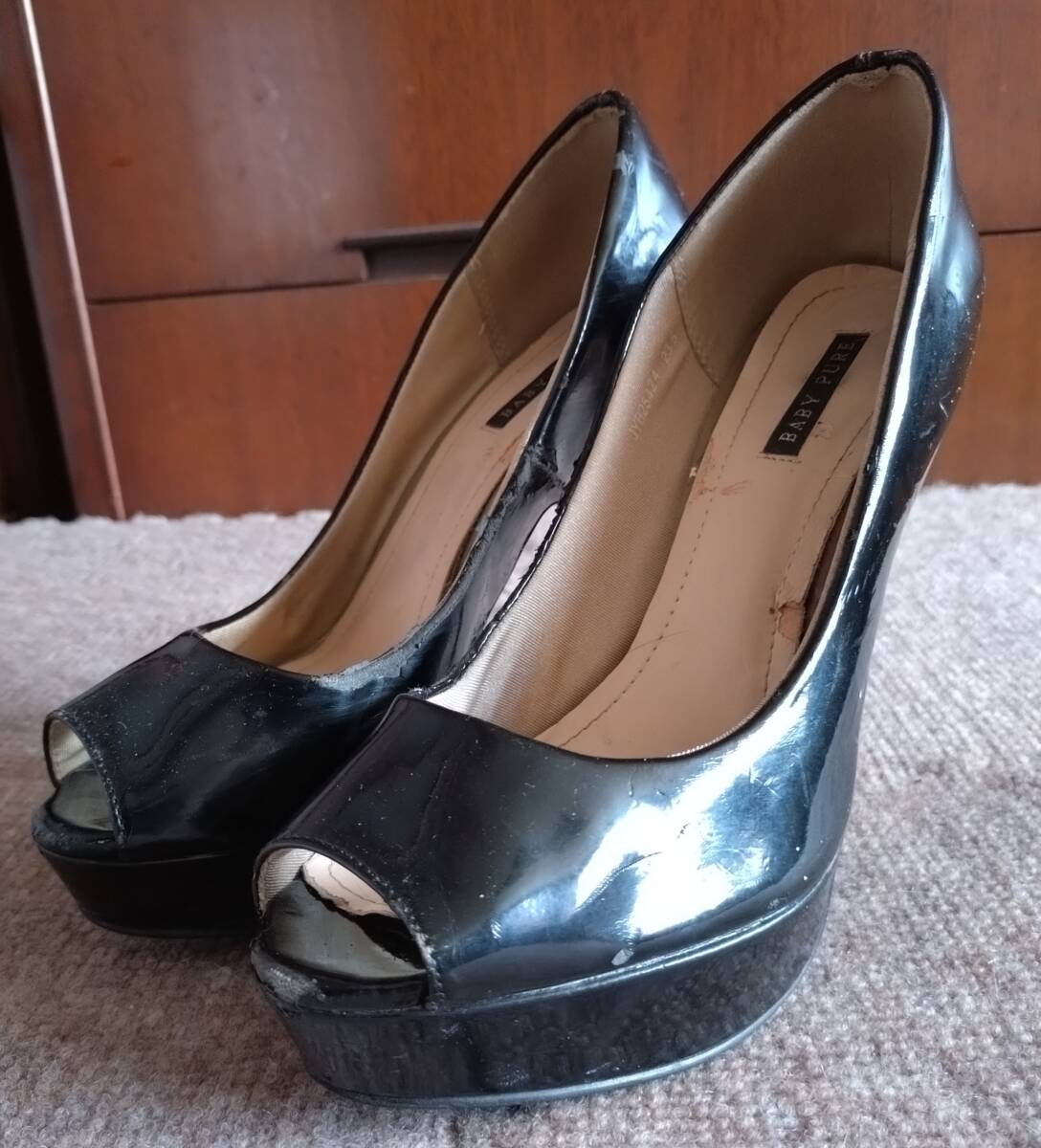 BABY PURE オープントゥ厚底ハイヒール 23.5センチ 12センチヒール ブラック 使用感&ダメージかなりあり 中古品拍卖
