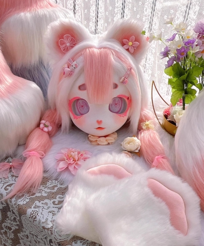 着ぐるみセット ファースーツ ピンク ケモノ ファースーツ 全頭ヘッド 手袋 尻尾 ぬいぐるみ コスプレ コスチューム kigurumi拍卖