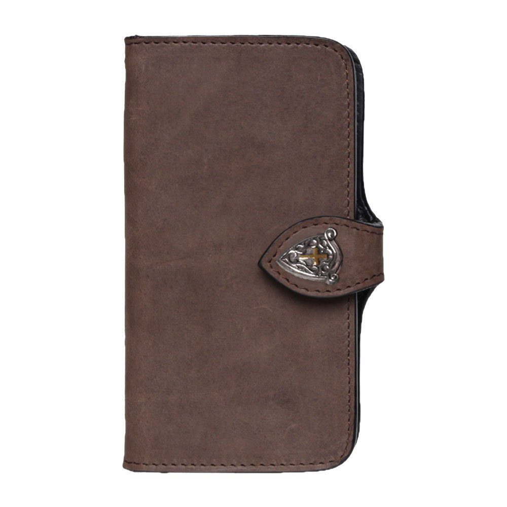 iPhone 15Pro 手帳型スマホケース チョコ サッビア ステッチ アイフォンケース 姫路レザー 本革 コンチョ付き拍卖