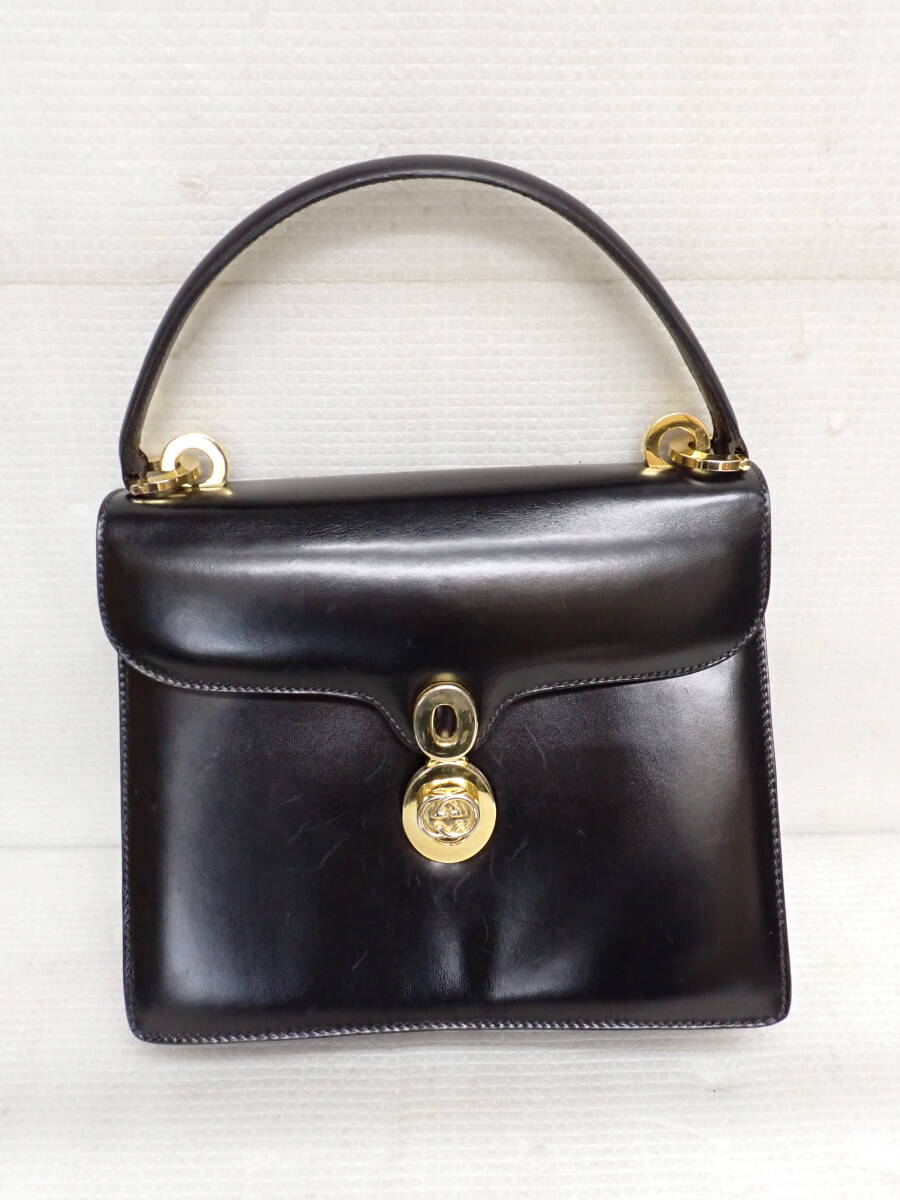GUCCI オールドグッチ インターロッキング金具 オールレザー ハンドバッグ ブラック フォーマル J3-MB拍卖