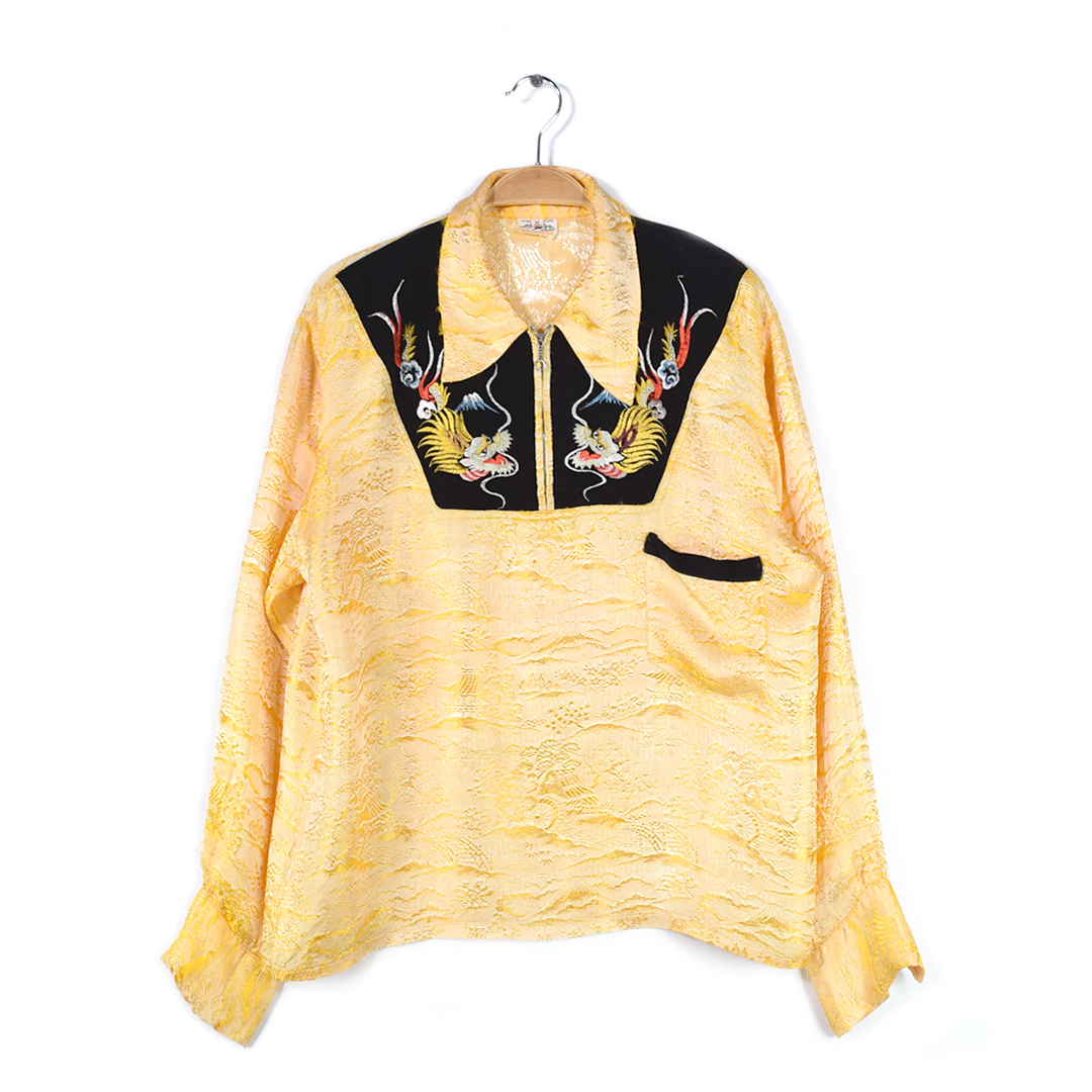 【送料無料】40s 50s MOUNT Anterope スカシャツ 別珍 西陣織 龍 刺繍 富士山 ブラック イエロー KIMONO CLOTH スーベニア M 古着 @CA1437拍卖