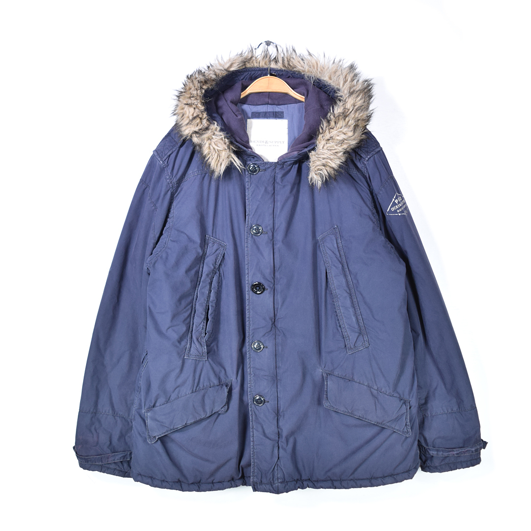 【送料無料】ラルフローレン デニム&サプライ N-3B ミリタリー フライトジャケット ネイビー ファー取り外し メンズXL 古着 @DZ0693拍卖