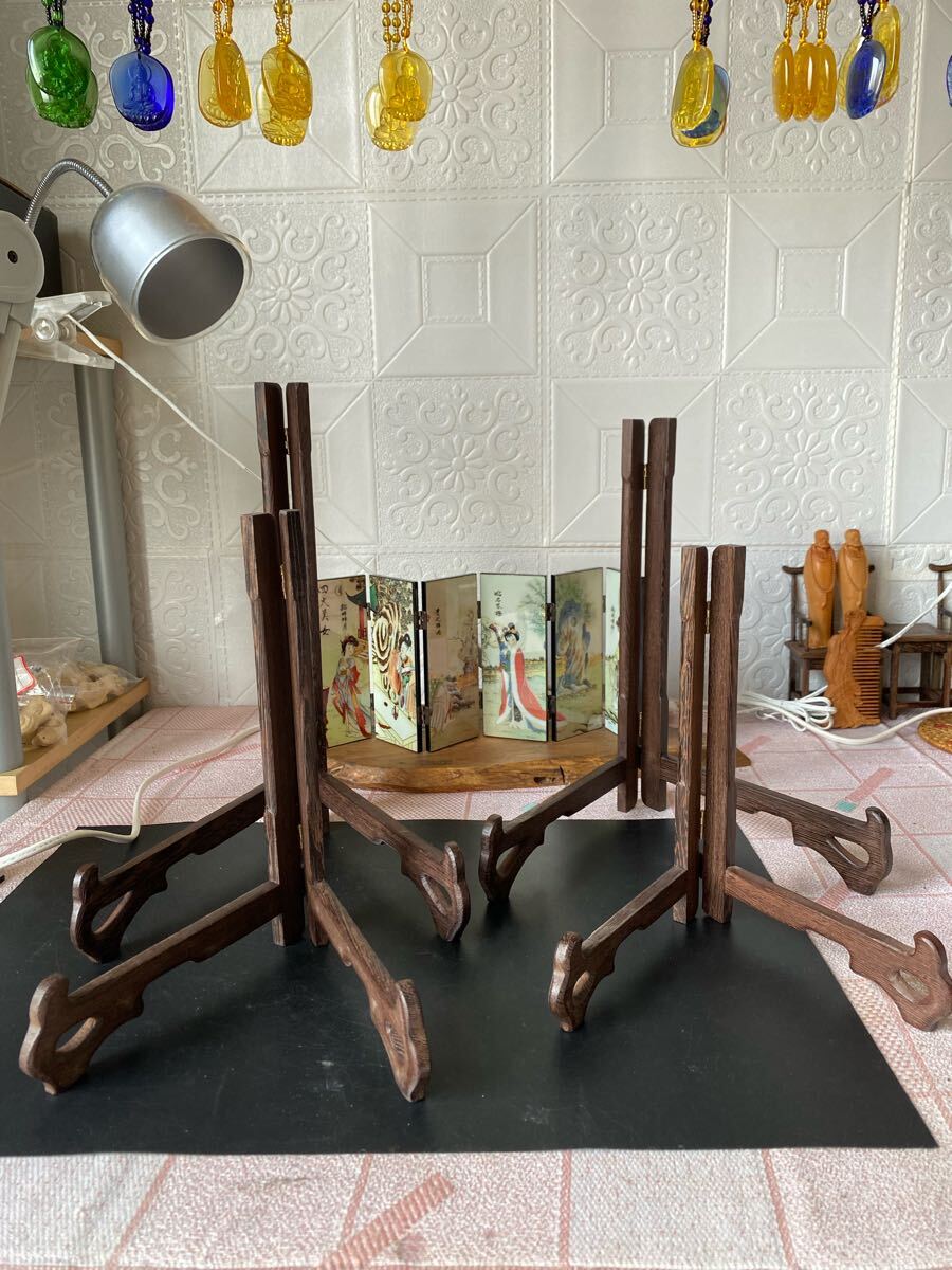 特大 プレートスタンド 皿立て 4点セット 鶏翅木 飾皿 木製拍卖