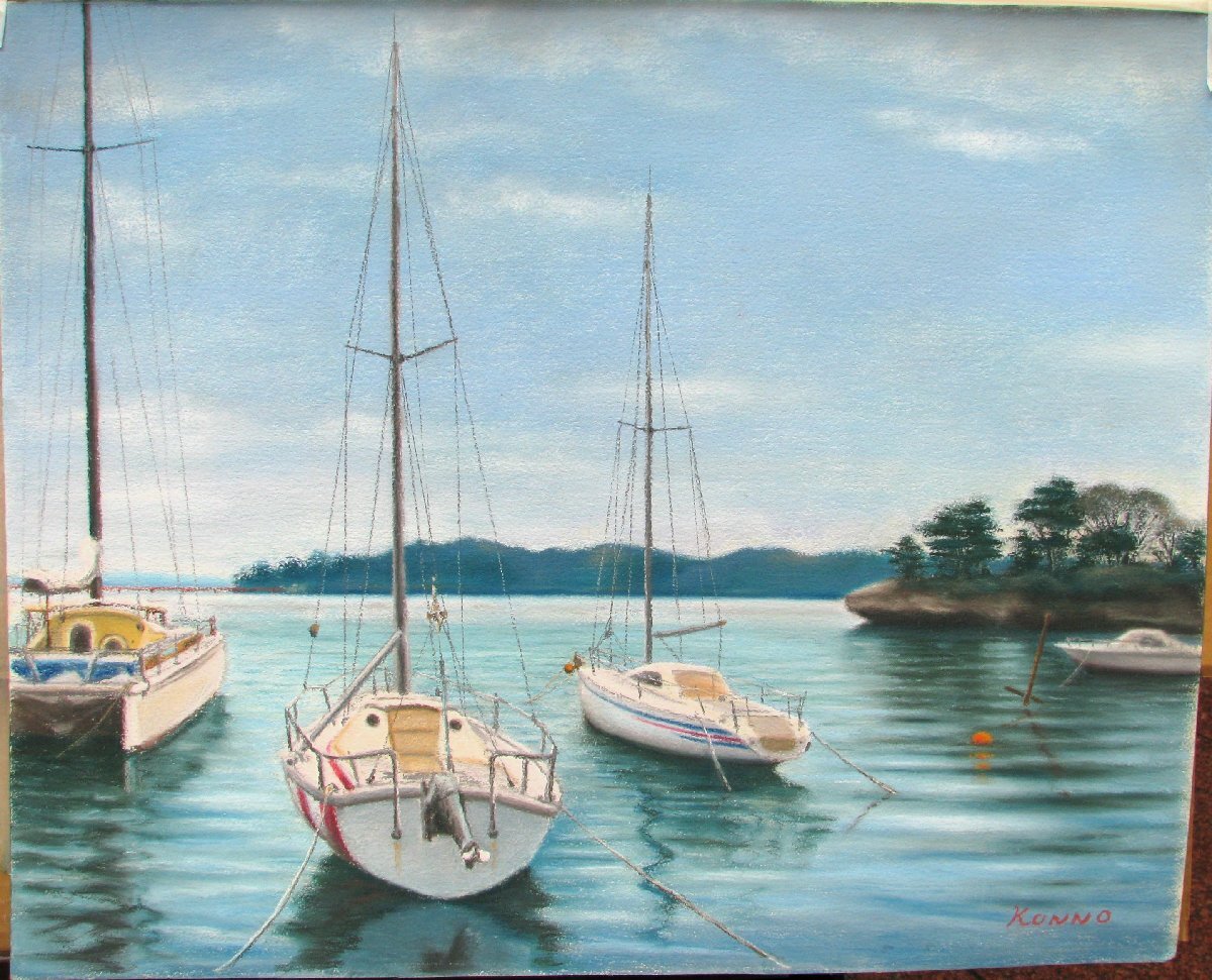☆倉庫整理在庫一掃☆現代パステル協会,今野一恵,ヨットのある海辺,約15号紙にパステル,最高の清涼感,是非クリニックや応接室に,成行き拍卖