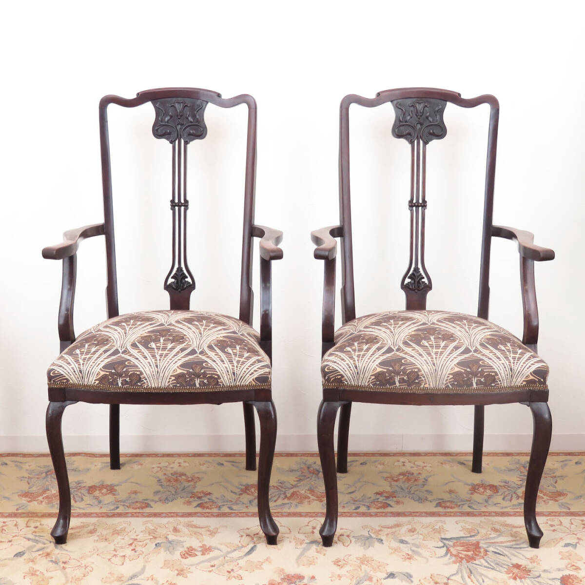 アールヌーボーのアームチェア2脚セット/肘掛け椅子/木製イス/店舗什器/ディスプレイ/インテリア/イギリス/英国アンティーク家具/A-4082-1拍卖