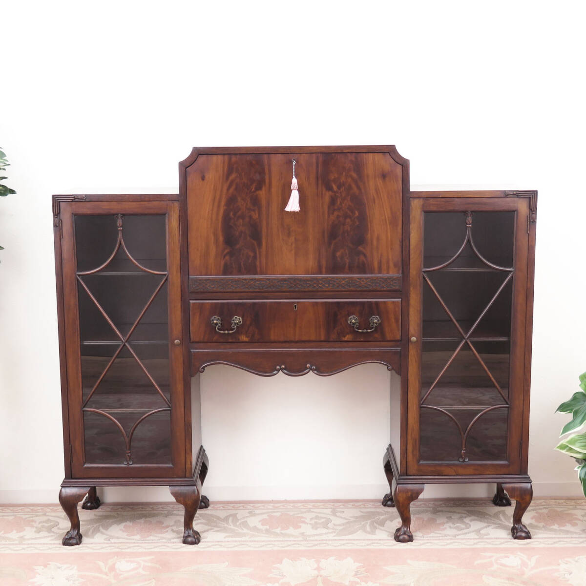 木目が美しいサイドbyサイド/デスク/ビューロー/木製机/本棚/キャビネット/飾り棚/店舗什器/インテリア/ディスプレイ/イギリス製/A-1768拍卖