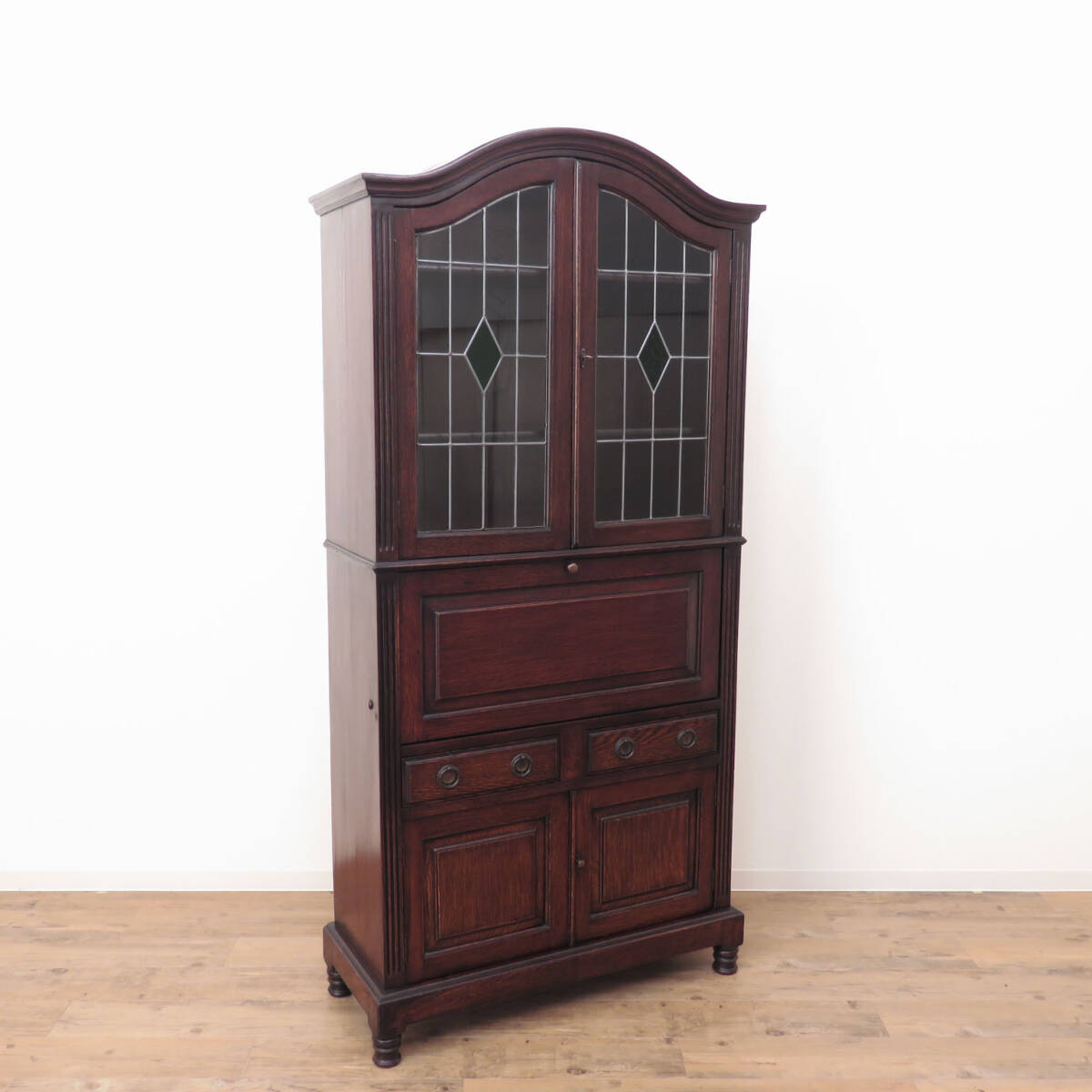 《セール品》ステンドグラス扉のブックビューロー/デスク/机/本棚/キャビネット/飾り棚/店舗什器/ディスプレイ/インテリア/イギリス/J-0418拍卖