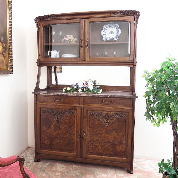 【セール品】葡萄の彫刻が施されたフランスのミラー付き大型キャビネット/飾り棚/食器棚/店舗什器/ディスプレイ/インテリア/A-4099拍卖
