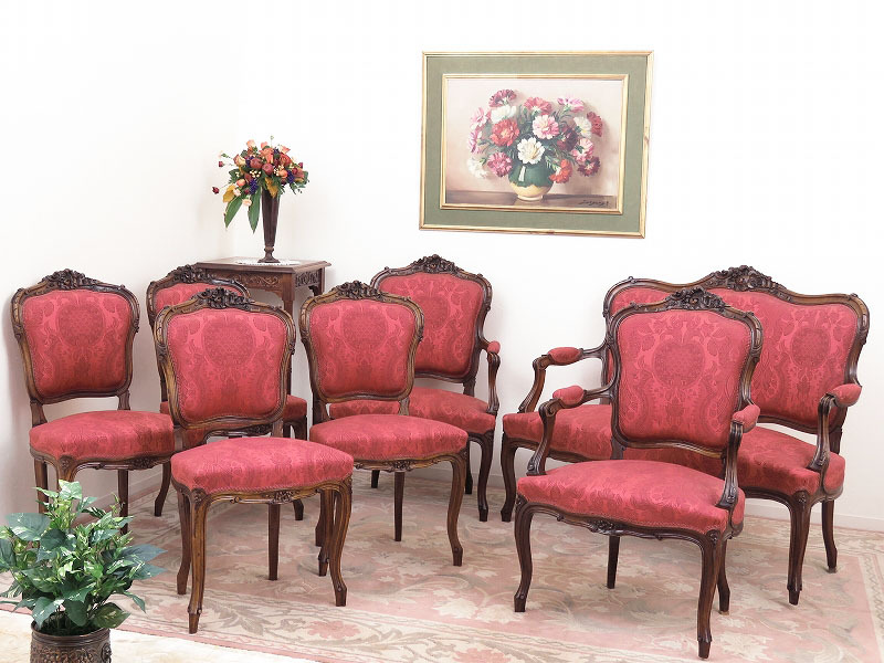 フランスの猫脚サロン7点セット/ネコ脚のソファセット/応接セット/木製椅子/イス/アームチェア/インテリア/店舗什器/ディスプレイ/A-1423拍卖