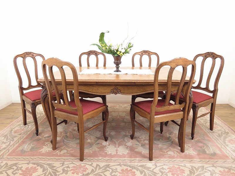 ネコ(猫)脚のダイニングセット/拡張式ダイニングテーブル+椅子6脚/店舗什器/ディスプレイ/インテリア/フランスのアンティーク家具/A-4502拍卖