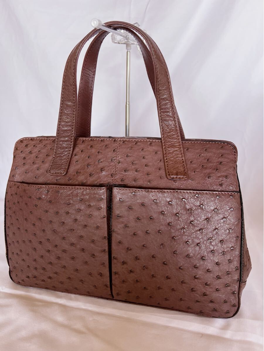 T3-25-5 高級オーストリッチ ハンドバック オーストリッチ ボルドー 赤エンジ系ブラウン 中古 本革 鞄拍卖