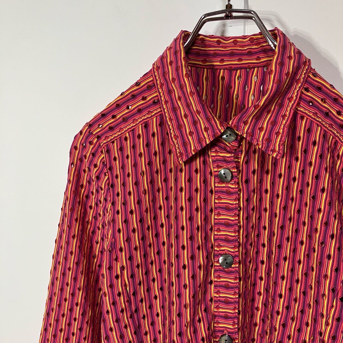 古着 透かし柄 ストライプ レトロ ボタン ダーツ スクエアカット ニット 長袖 シャツ ピンク パープル イエロー 9拍卖