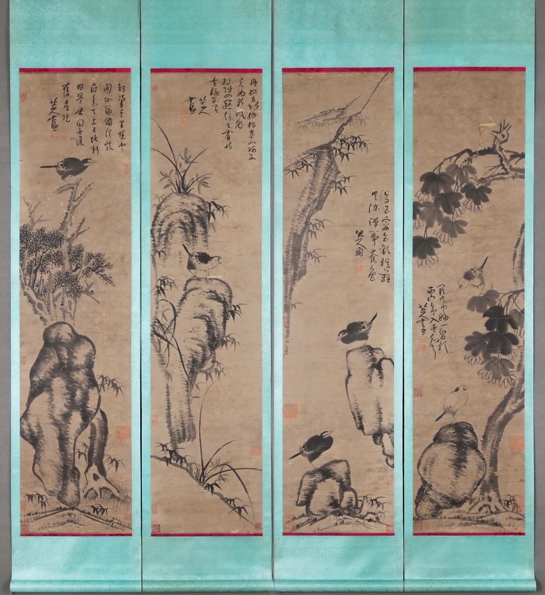 古美術 掛け軸 中国・清時代 「八大山人書」 紙本 【山石鳥雀四景四条屏】 立軸 書道 巻き物 肉筆保証 唐物 古画 LT-2503144拍卖