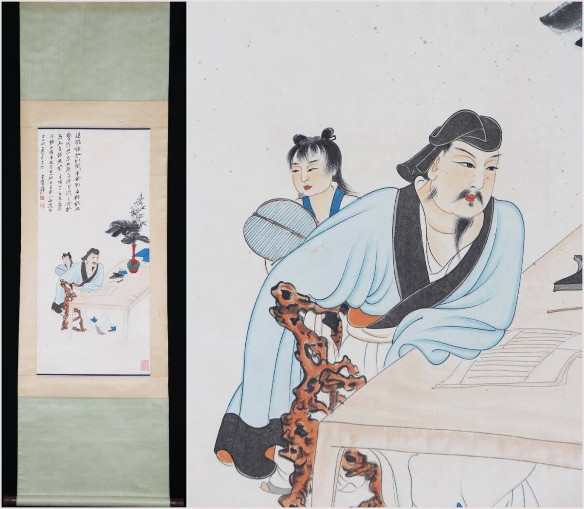 古美術 掛け軸 中国・近現代 「張大千書」 紙本 【高士吟詩図】 立軸 書道 巻き物 肉筆保証 唐物 古画 画心86x39cm LT-250345拍卖