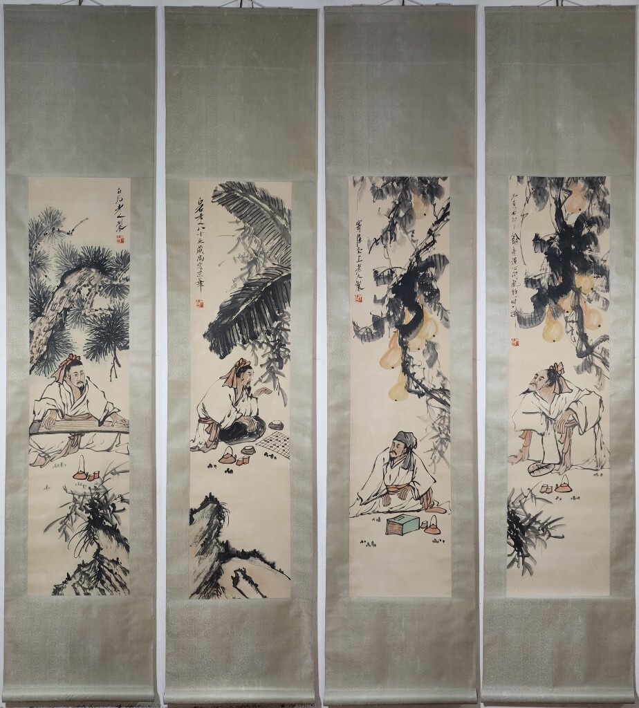 古美術 掛け軸 中国・近現代 「斉白石書」 紙本 【人物図 四条屏】 立軸 書道 巻き物 肉筆保証 唐物 古画 画心135x33cm LT-250316拍卖