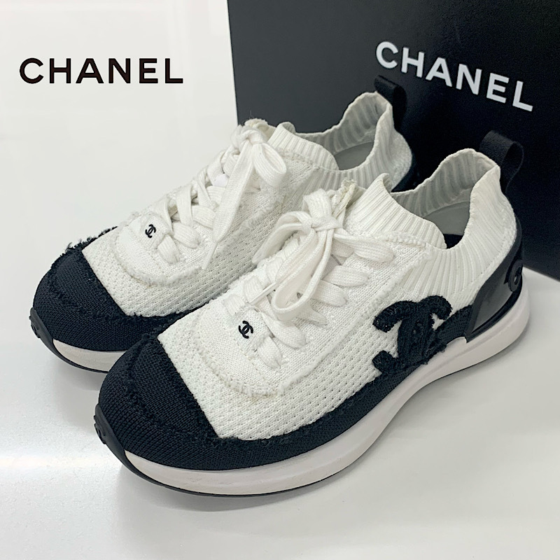 M11645 シャネル ニット ロゴ ココマーク スニーカー ホワイト ブラック拍卖
