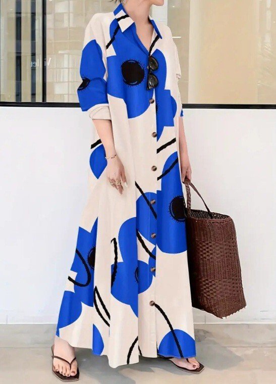 新品 大きいサイズ 5~6XL ワンピース ゆったり シャツワンピ ブルー系花柄拍卖