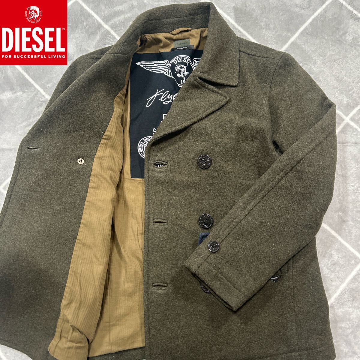 【極美品XL】春の最高傑作 DIESEL ディーゼル Pコート XLsize カーキ ウール ブレイブマンボタン【独特のお洒落感】紳士の極上品拍卖