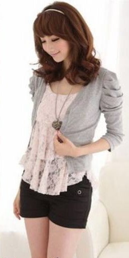 カーディガン,ショート丈,長袖,パフスリーブ,ニット,ジャケット,グレー拍卖