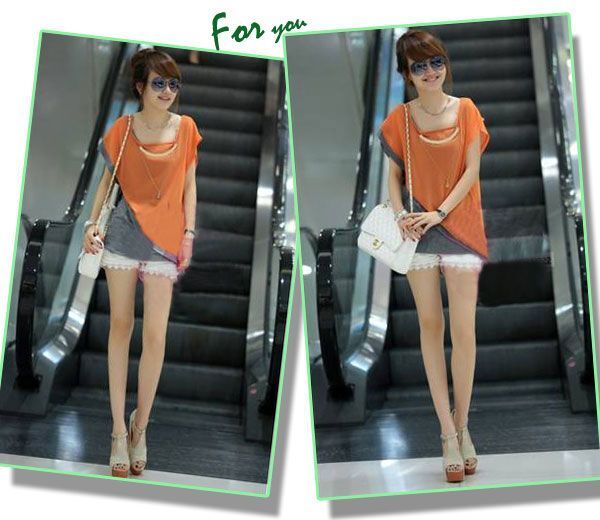 ブラウス,トップス,重ね着風,アシメトリー,半袖,オレンジ色,レディース拍卖