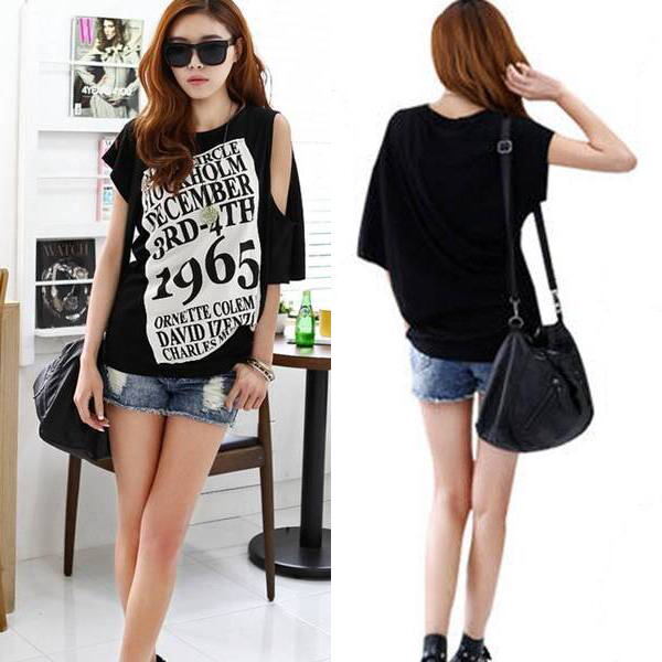 Tシャツ,トップス,肩スリット,アンバランス半袖,英字プリント,ブラック,レディース拍卖