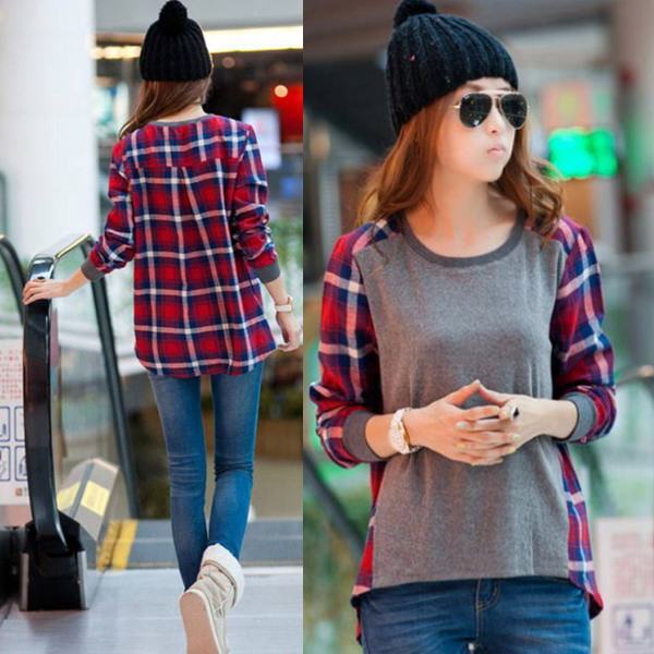 ブラウス,チェック, 長袖,コンビ色,アシメトリー,トップス拍卖