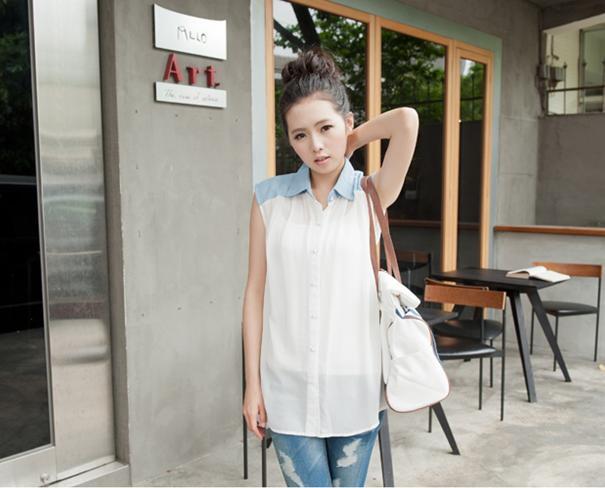 ブラウス,シャツ,デニム,シフォン,切替シャツ,ノースリーブ,ホワイト拍卖