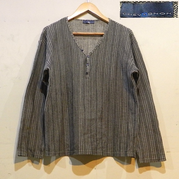 CHEVIGNON シェビニオン Vネック プルオーバー 長袖 Tシャツ カットソー 薄手ニット ストライプ 茶色 LL 美品拍卖