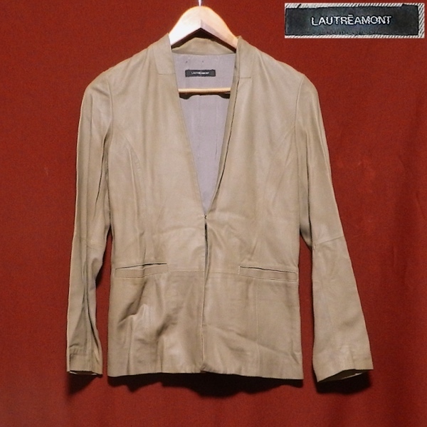 LAUTREAMONT ロートレアモン 山羊革 ゴートレザー 本革 ハーフ Vネック ジャケット ショート ホック テーラード 薄い 茶色 ベージュ 38 / M拍卖