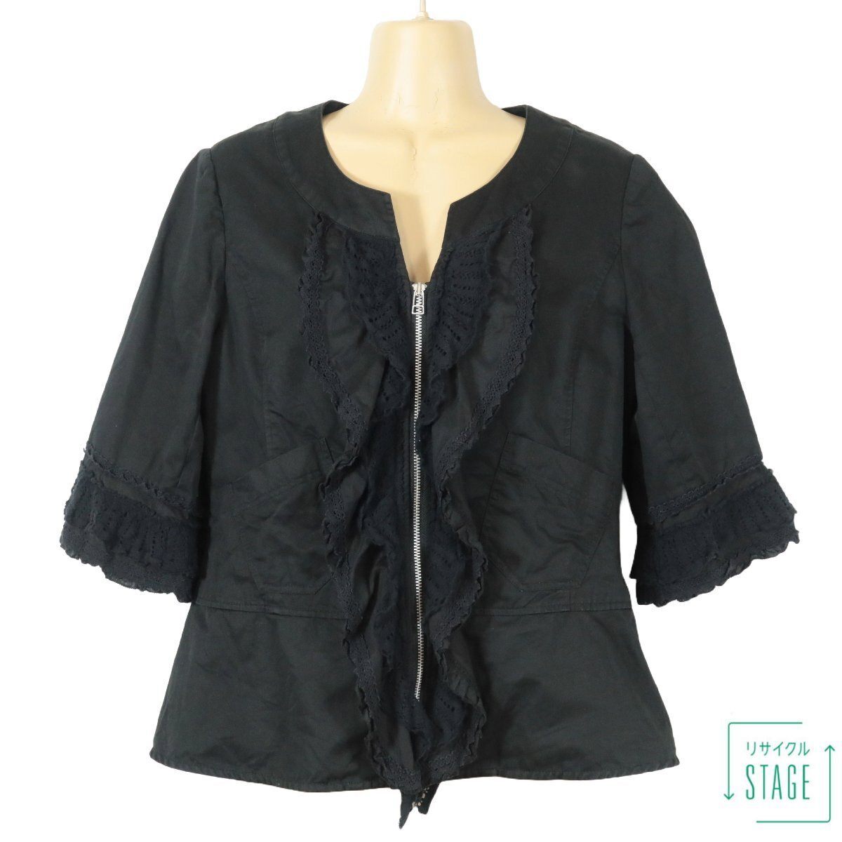 ピンクハウス★大人フェミニン♪フリルとレースたっぷりなジップアップブルゾン 大きいサイズL 綿麻素材! 黒系 z8815拍卖