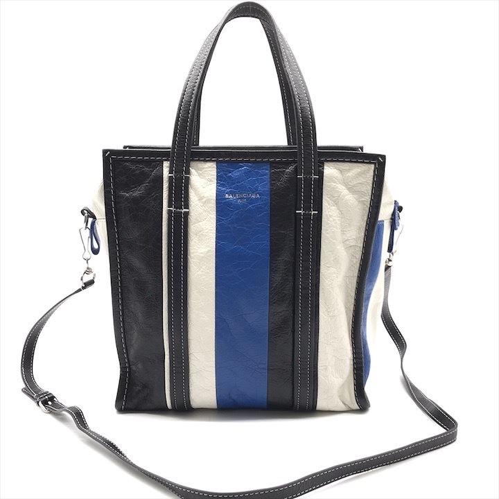 良品 BALENCIAGA バレンシアガ バザール レザー ショッパー XS 2WAY トート ショルダー バッグ ブラック ブルー ホワイト レディース k4613拍卖