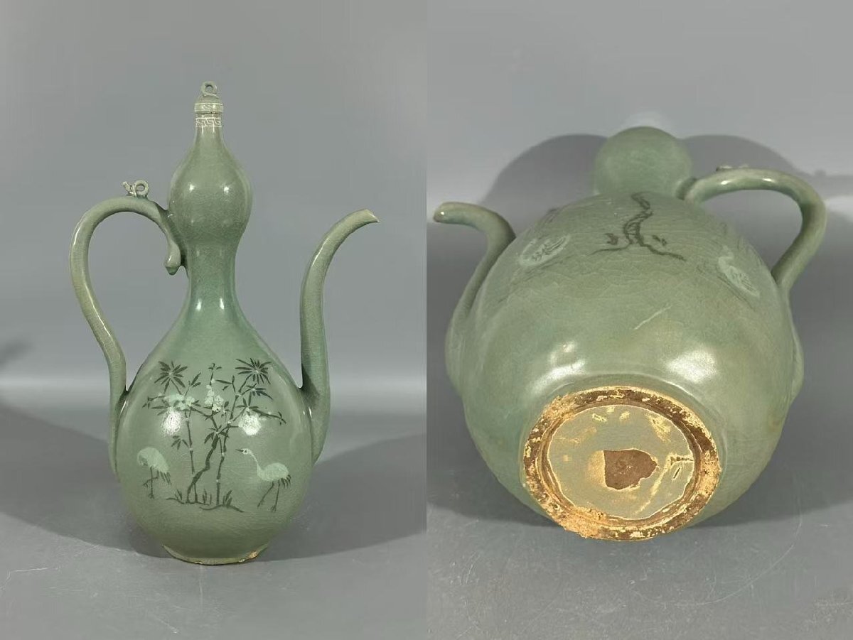 ▼渡鶴羽▼R0184『朝鮮時代旧蔵』朝鮮古陶 朝鮮古美術 高麗磁 古高麗 李朝 高麗青磁執壺★高さ45cm拍卖