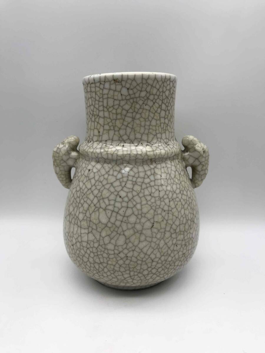 清乾隆時代 哥窯双象耳貫耳 【旧家蔵出し】 唐物 古賞物 時代物 茶道具 水注 花瓶 花入れ 希少貴重 中国古美術(A-60)拍卖