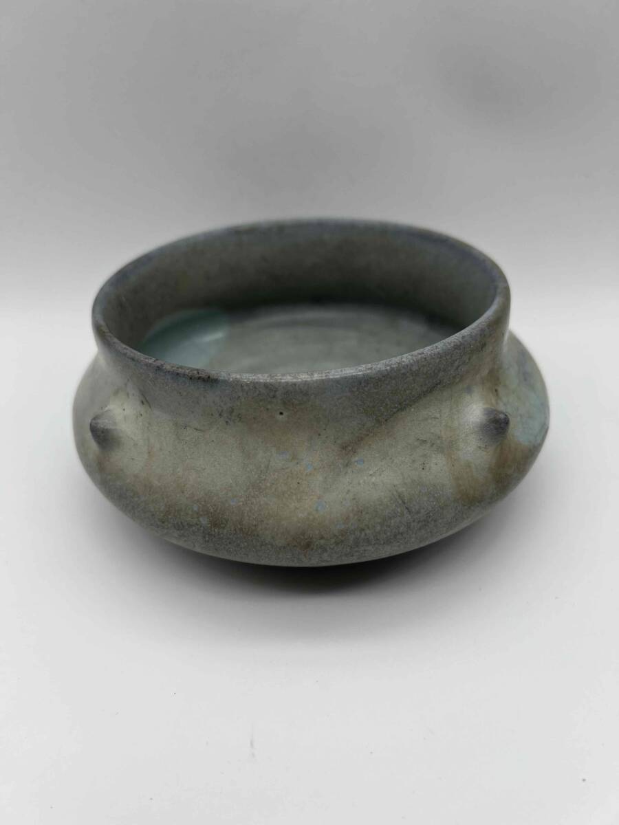 元時代 鈞窯 澱青月白釉鼓釘鈕羅漢洗 水丞 【旧家蔵出し】 香炉 茶道具 水指 水差し 窯変釉 名品珍品 唐物 古賞物 時代物(D-98)拍卖