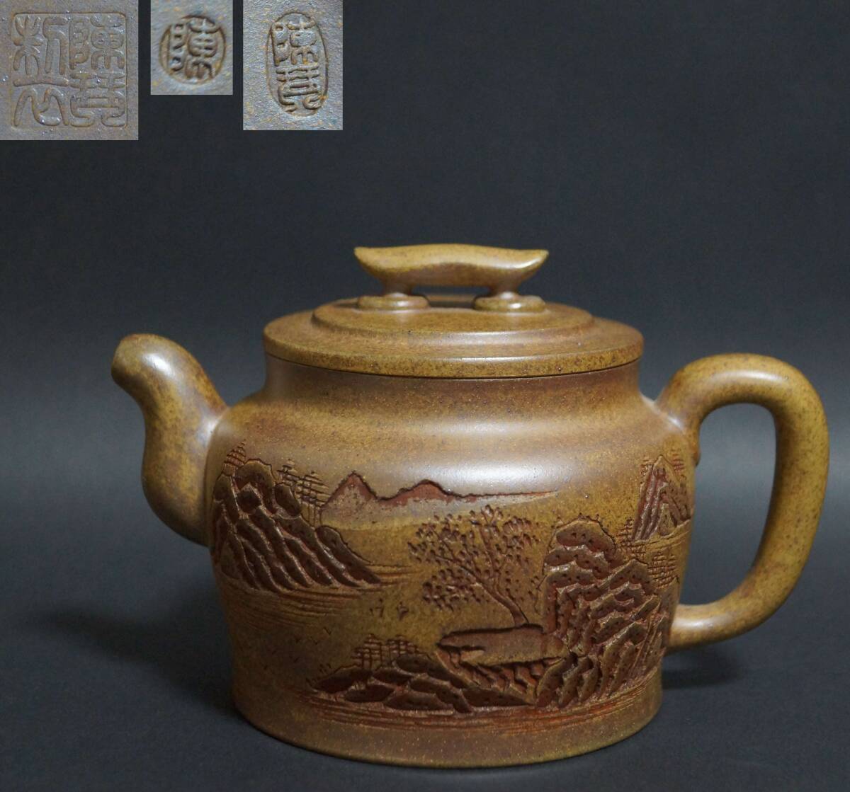 【閑】茶道具 中国宜興 国家美術師 陳琴作 細工彫り『観山図』 手造り紫砂壺 急須 在銘★美品★7D0314ba拍卖