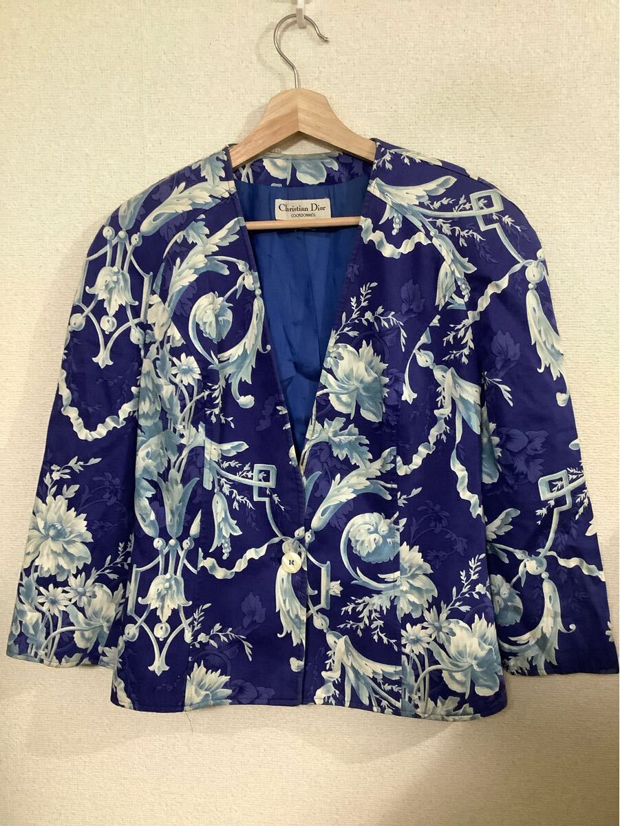 christiandior cocrdonne's クリスチャンディオール ノーカラージャケット 総柄 オリエンタル ブルー ミセス ハイブランド 44拍卖
