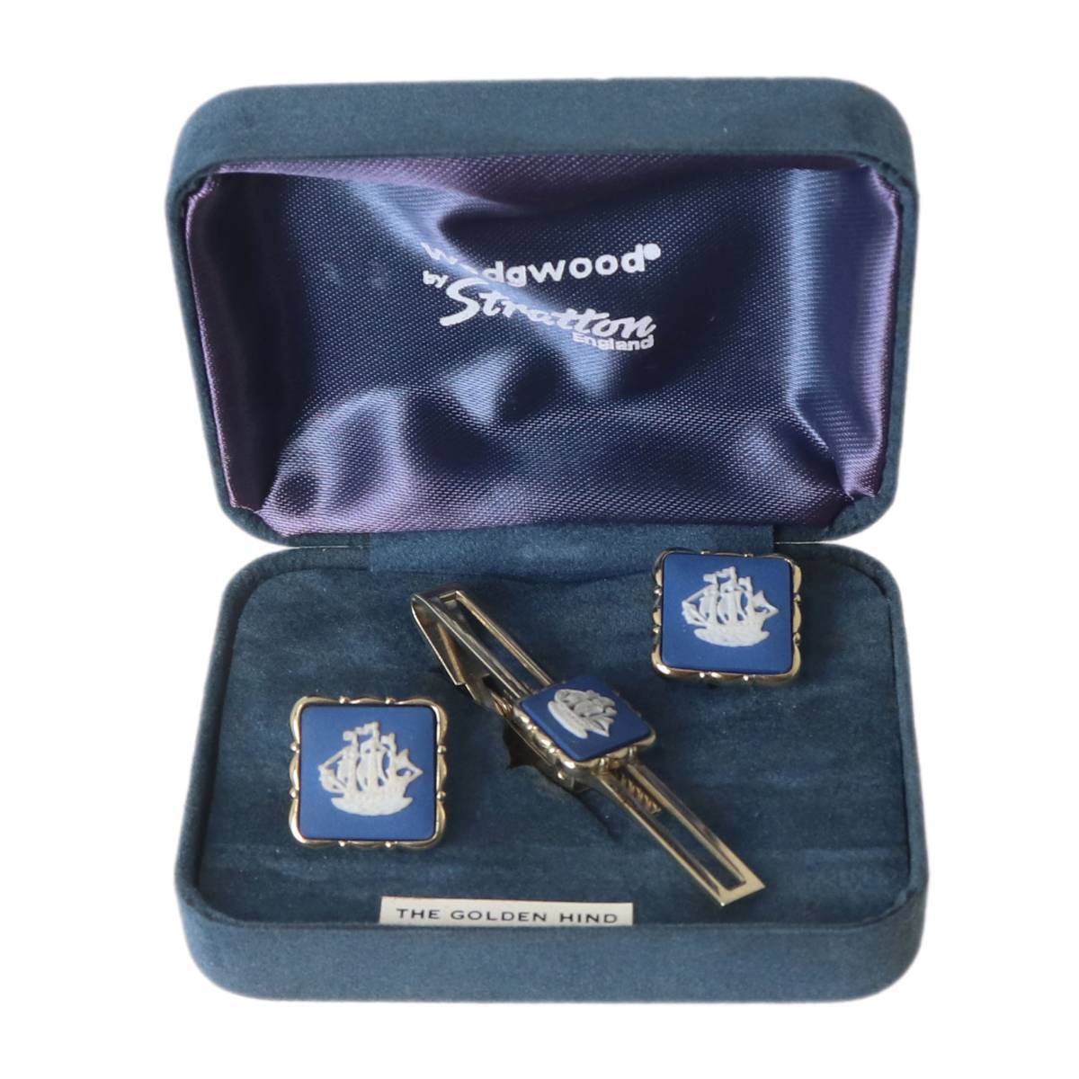 WEDGWOOD ウェッジウッド×Stratton ストラットン カフス タイピン セット 帆船 ジャスパー 薄いゴールド×ブルー 箱 NT Bランク拍卖