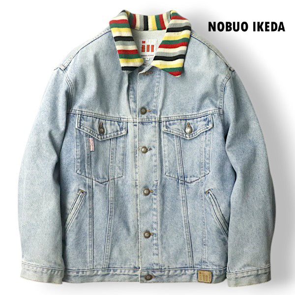 90s ヴィンテージ!美品 ill NOBUO IKEDA ノブオイケダ カラフル ニット襟 ロゴボタン ヴィンテージ加工 デニムジャケット 青 ブルー 5拍卖