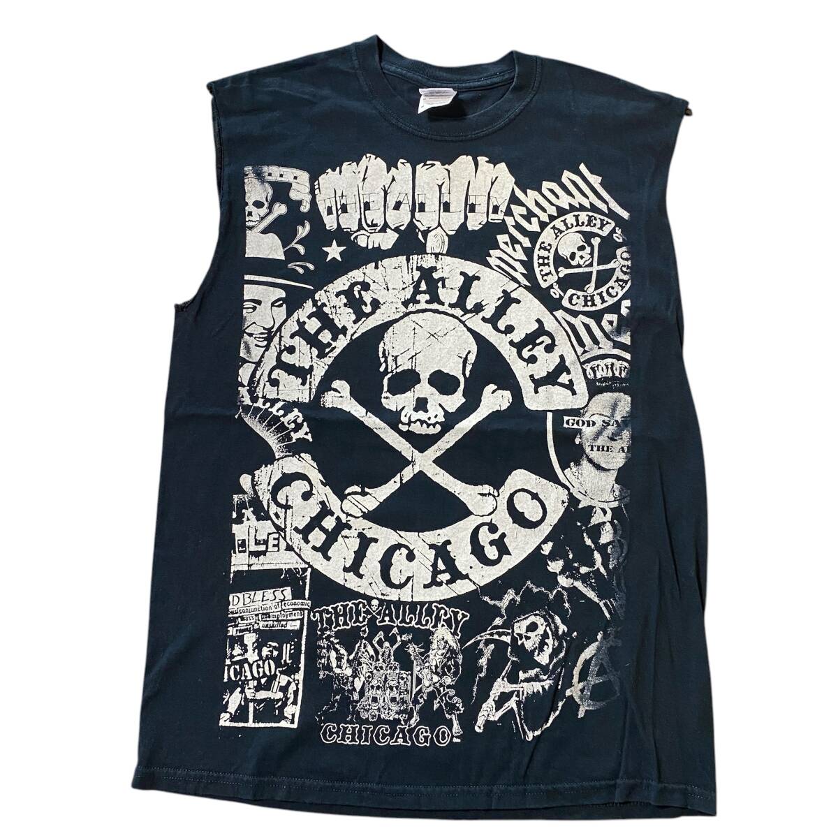 アメリカ古着 the alley chicago 切りっぱなし タンクトップ ノースリーブ スカル ビッグプリント 【Q420】拍卖