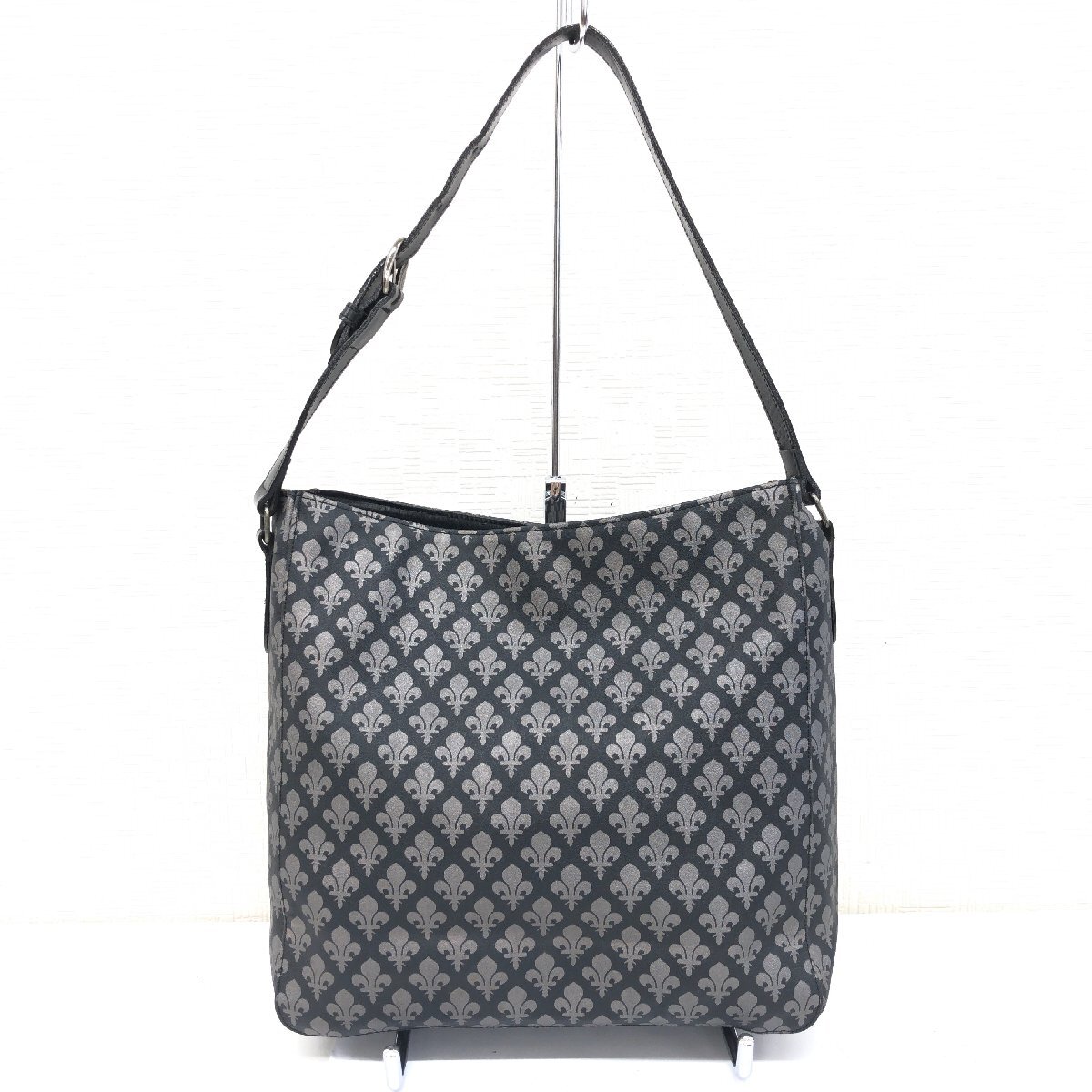 ●PATRICK COX パトリックコックス 百合の紋章 総柄 部分本革 レザー ワンショルダーバッグ 黒系 ハンドバッグ 肩掛け Y2K archive vintage拍卖