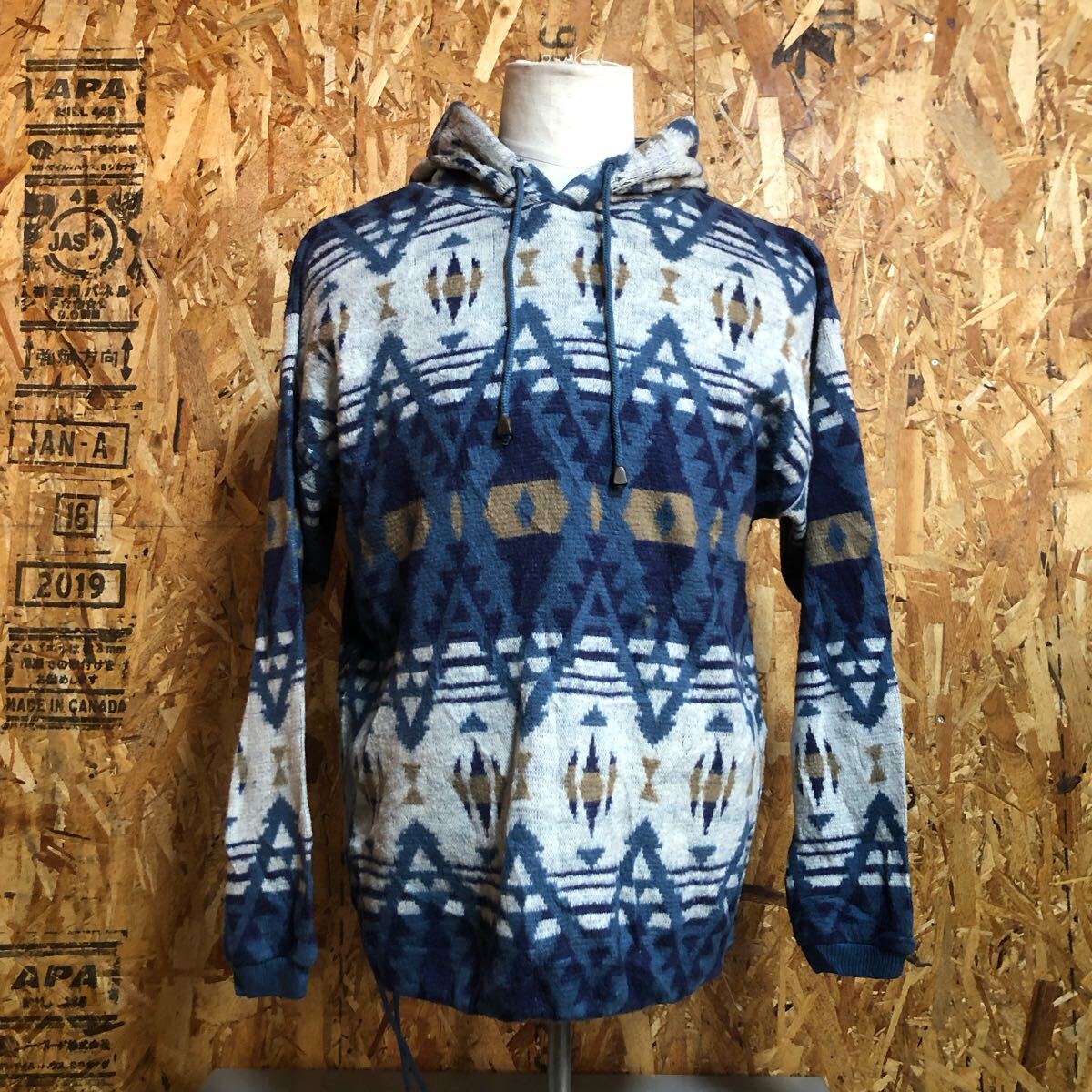アクリルニットパーカー 総柄 ブルー ホワイト フーディー エスニック ノルディック柄 アクリル Lサイズ拍卖