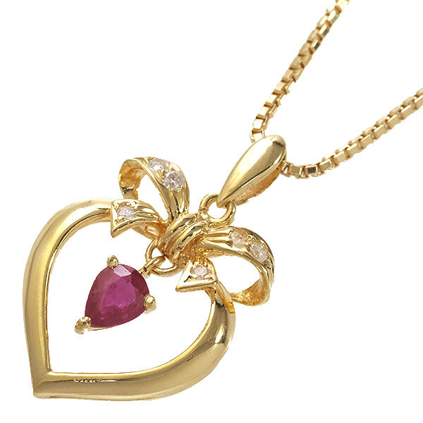 送料無料 本物 ルビーダイヤモンドネックレス 750YGイエローゴールド K18 ペンダント ハート リボン おしゃれ 可愛い レディース拍卖