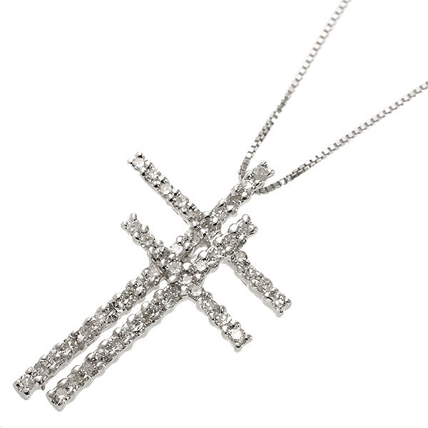 送料無料 本物 ダイヤモンドネックレス K18WGホワイトゴールド ダイヤ0.20ct 十字架 ダブルクロス ペンダント レディース メンズ おしゃれ拍卖