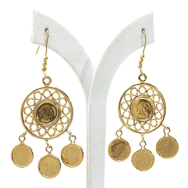 送料無料 本物 極美品 デザインピアス K18 K21.6イエローゴールド コインデザイン レディースアクセサリー おしゃれ 大きいデザイン拍卖