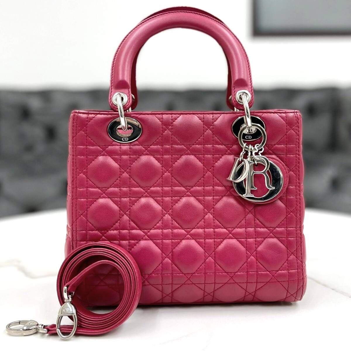 美品☆ レディディオール ラムスキン ワインレッド 2way ハンドバッグ拍卖