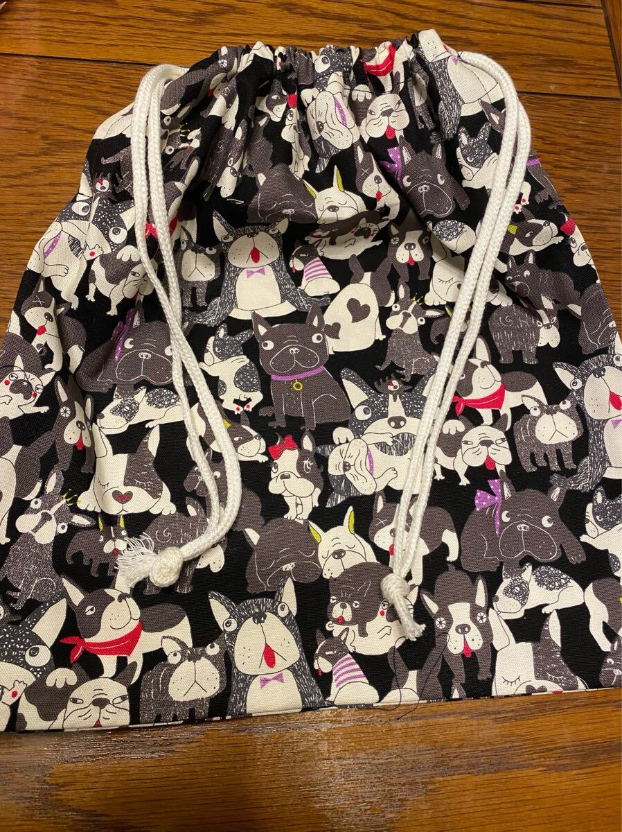 大2 巾着袋 小物入れ 体操服入れ ハンドメイド 犬柄 黒色拍卖