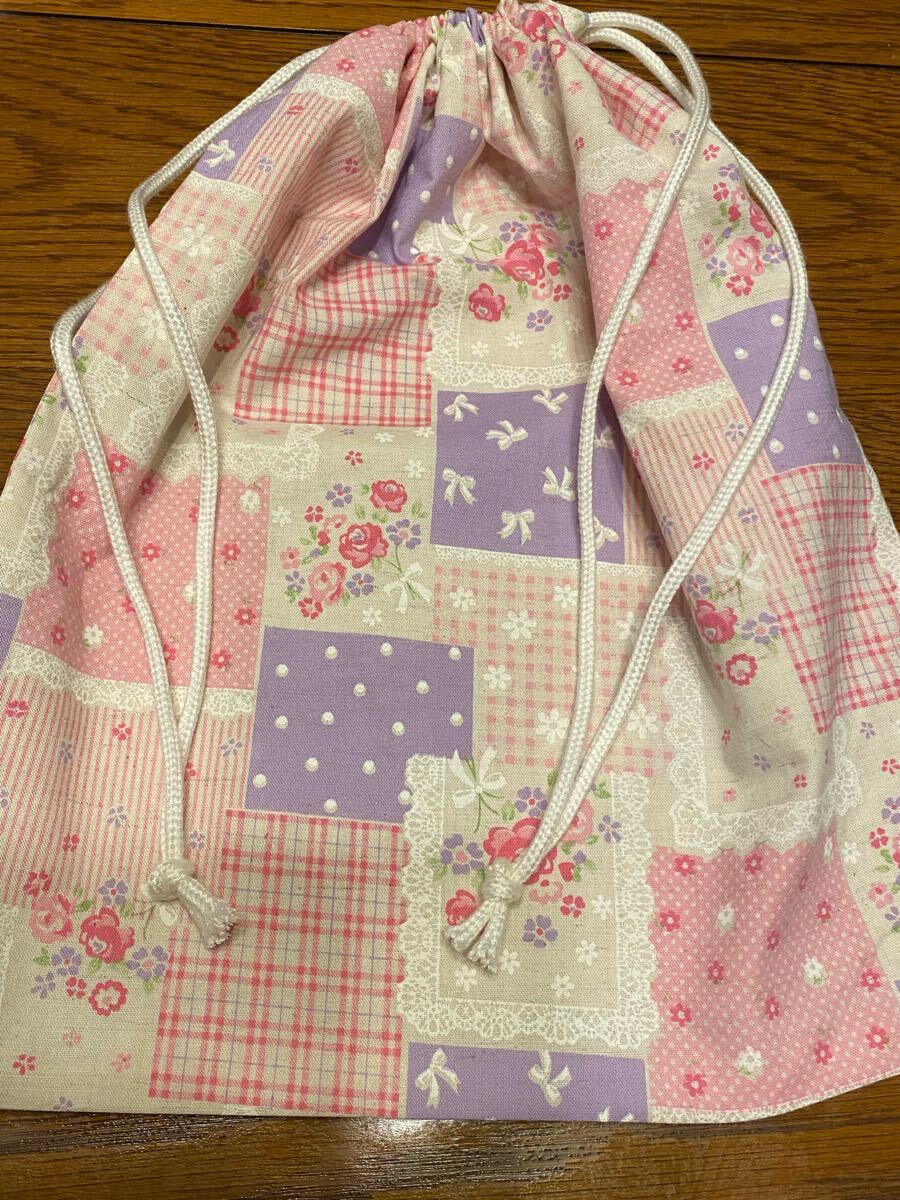 大24 巾着袋 小物入れ 体操服入れ ハンドメイド 花柄パッチ拍卖