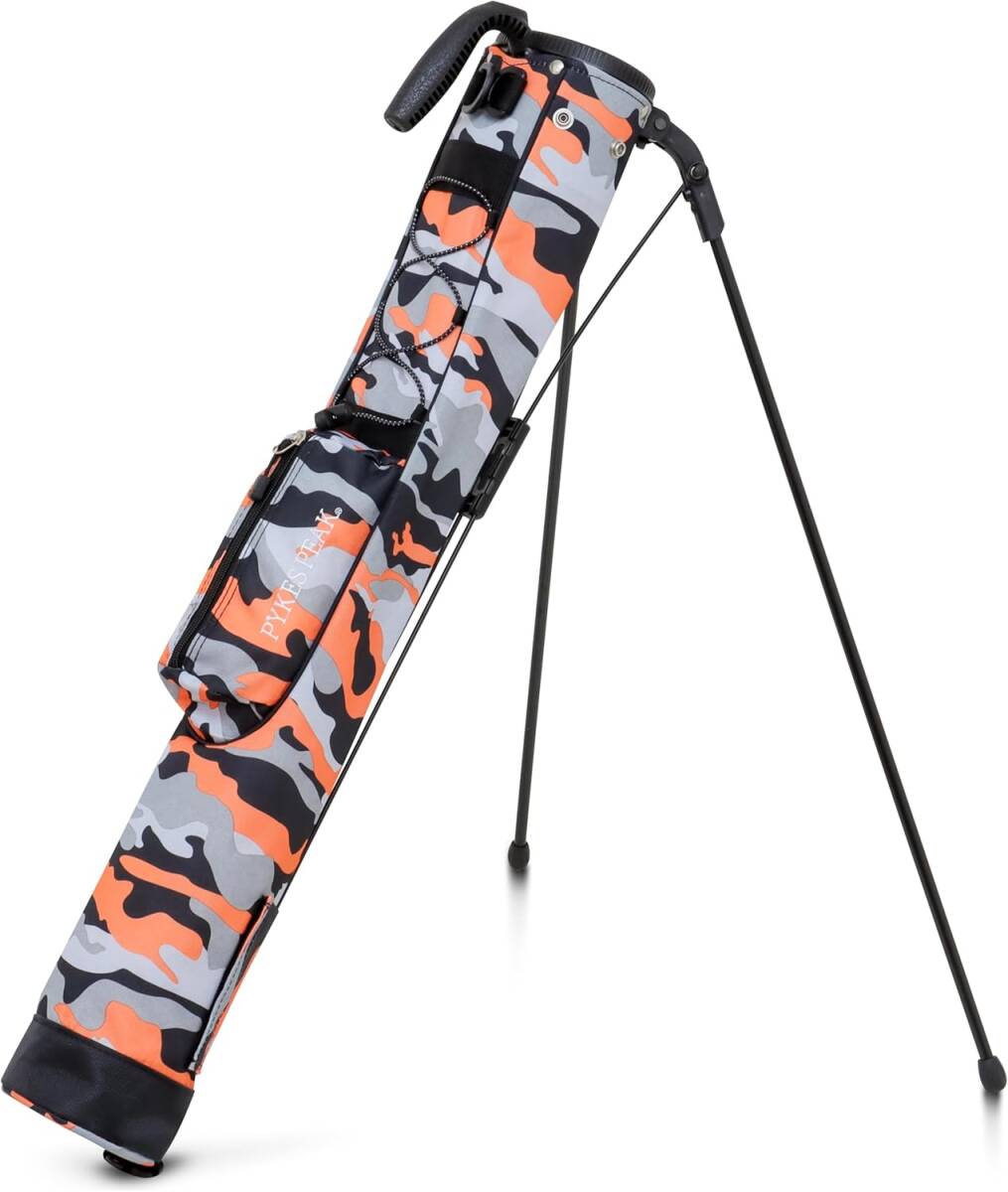 【新品】 PYKES PEAK ゴルフ セルフスタンド クラブケース キャディバッグ サブバッグ フード付き 7本収納 カモフラージュオレンジ拍卖