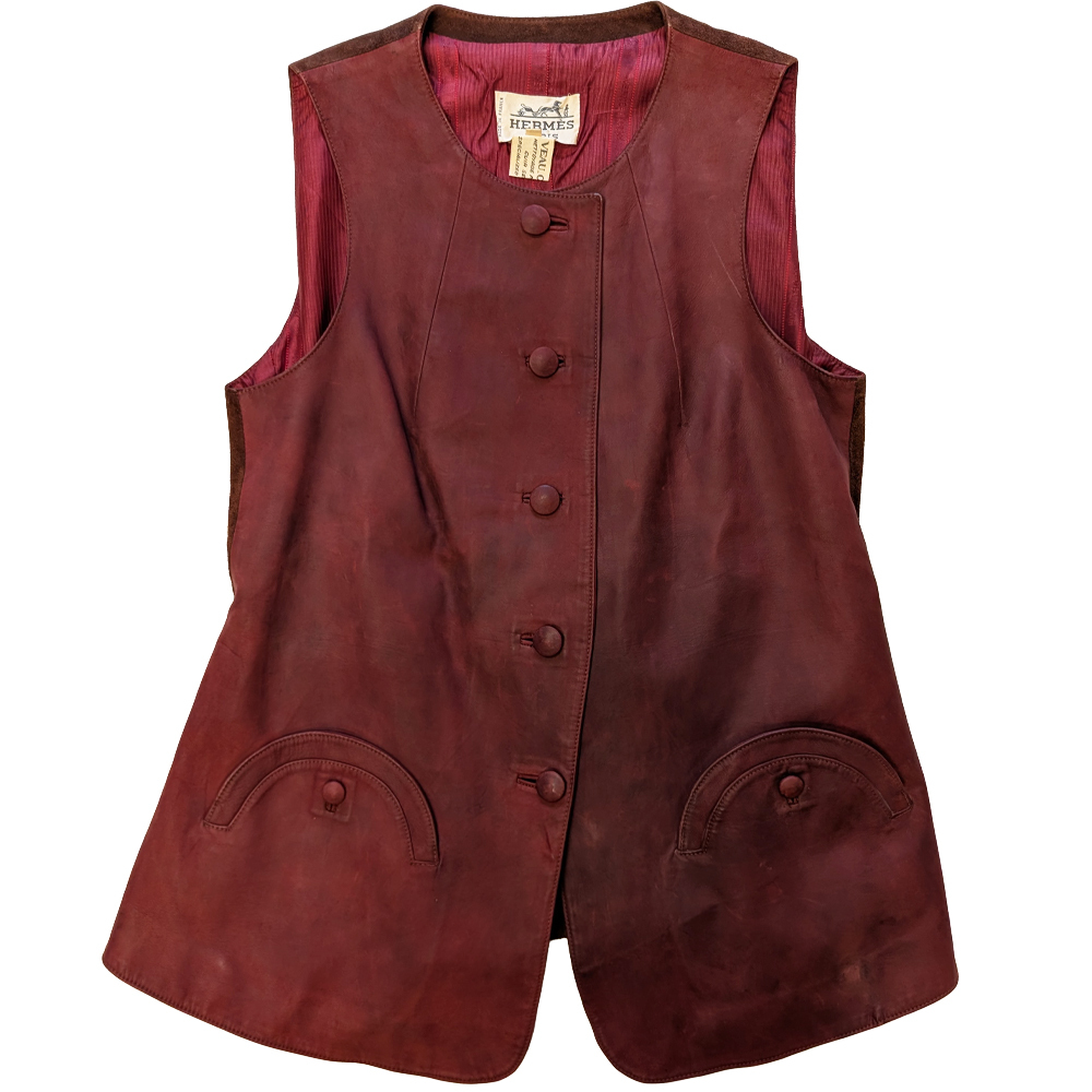 【値下げ】80's HERMES エルメス ベスト vest paris 36 leather レザー 子牛革 veau calfskin レッド ジレバーガンディ vintage 古着拍卖